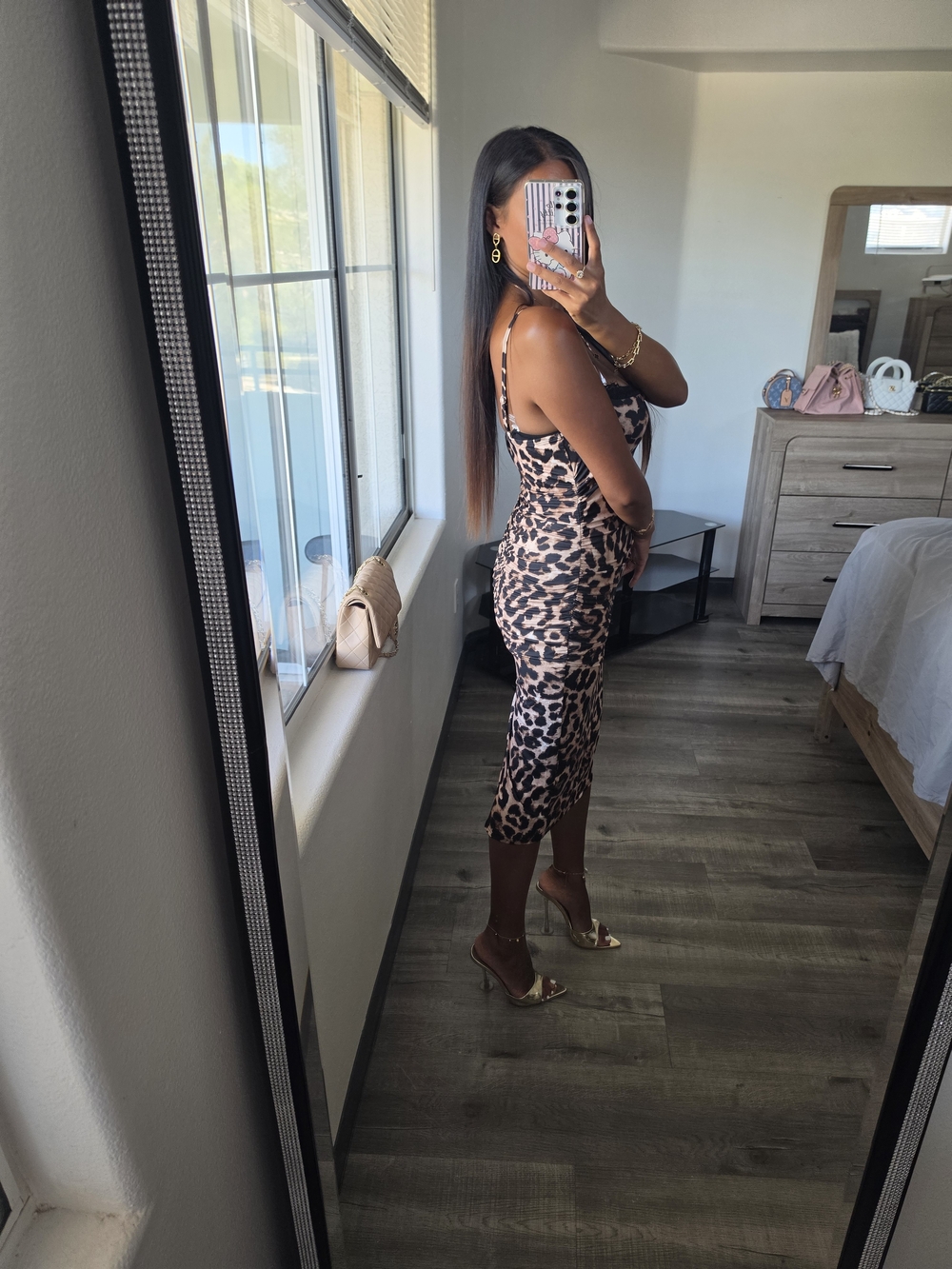 Leopard Print Slip Midi Dress - Nude/Black Very Stretchy - Picture 16 of 17